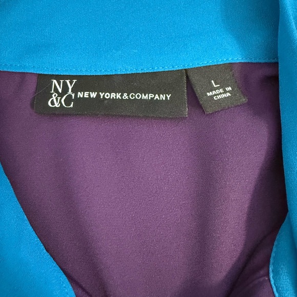 Vintage New York & Co Purple Blue Long Sleeve Funky Button Front Bow Shirt Sz LG - Picture 6 of 13
